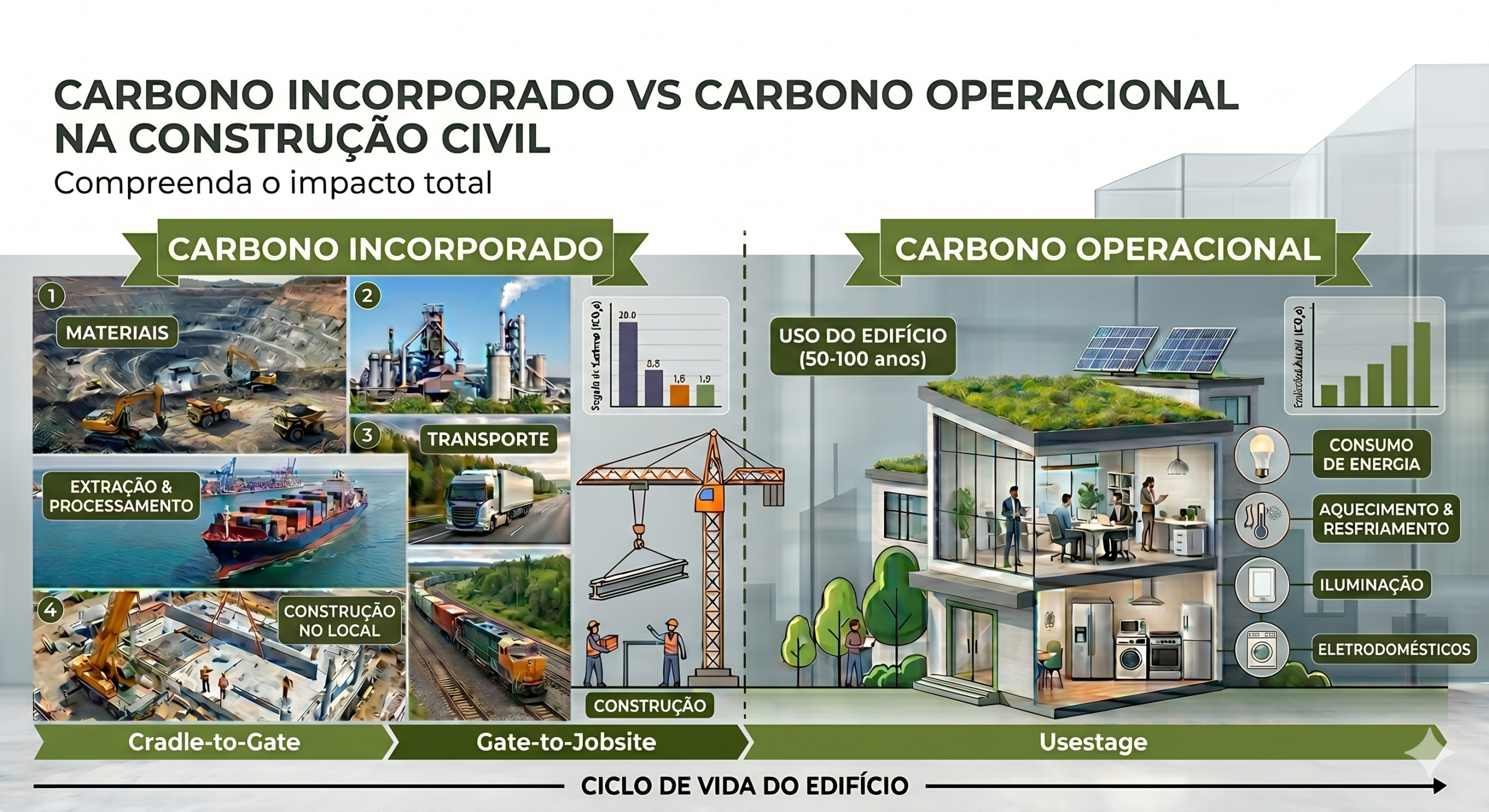 Diferença entre carbono operacional e carbono incorporado na construção civil